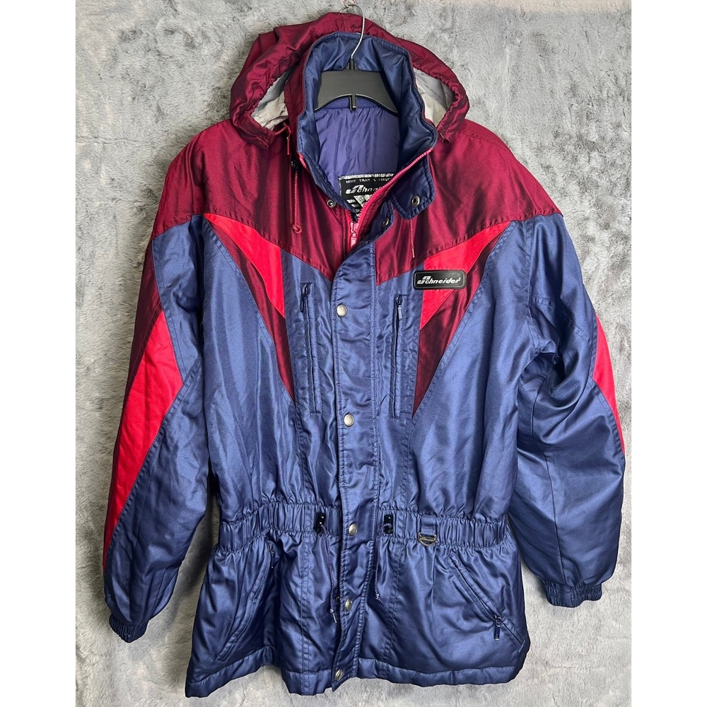 Schneider Austria Vintage Ski Jacket Navy Burgundy Red Mens 42‎ Retro Parka Hood